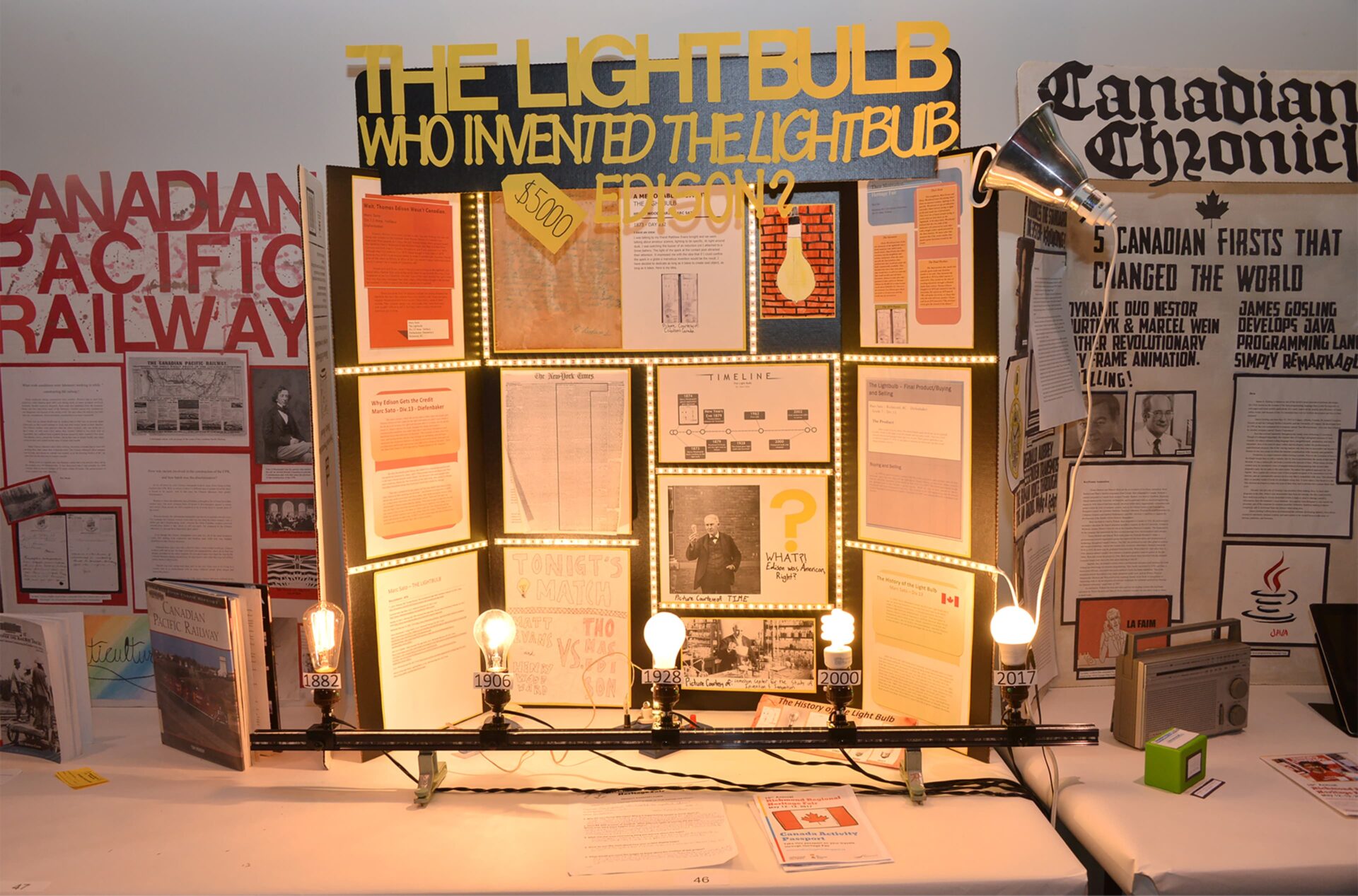 Photo showing light bulbs from various years and an exhibition board