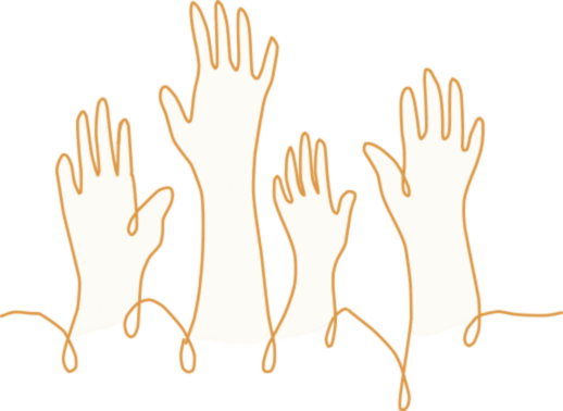 Illustrations showing four raise hands