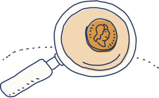 Illustration of a magnifying glass with a coin